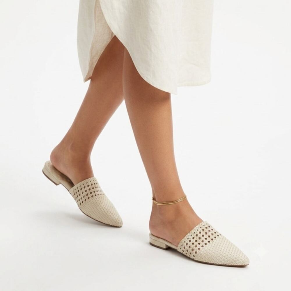 Birdies Swan Mule Shoes Womens 8.5 Off-White Leather Woven Pointed Toe Slip On
